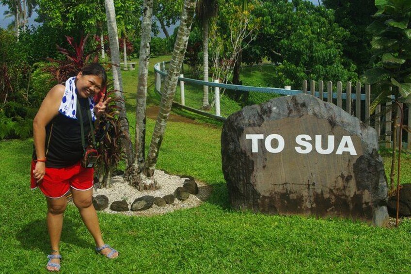 A person standing next to a large rock with the inscription 'TO SUA' in a grassy area with trees and a fence in the background. 5