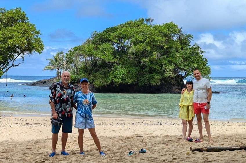 A beach with people standing on the sand, a large tree, and the ocean in the background. 4