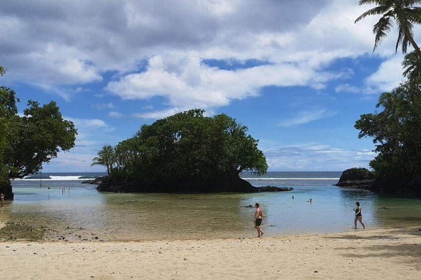 A beach with clear water, a small island, and palm trees. 5