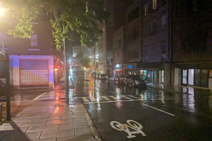 En våt stadsgata på natten med en cykelbana, butiksfasaderna och parkerade bilar. 3