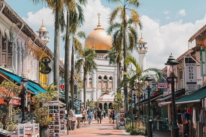 Una strada con palme, una moschea a cupola dorata e diversi negozi. 1