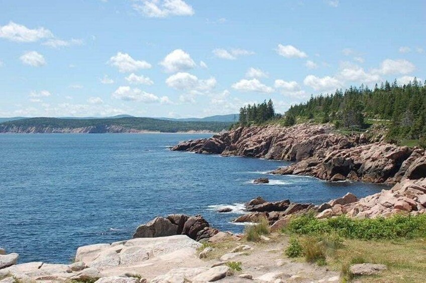 A rocky shoreline with calm blue water, a clear sky, and a forested hill in the background. 3