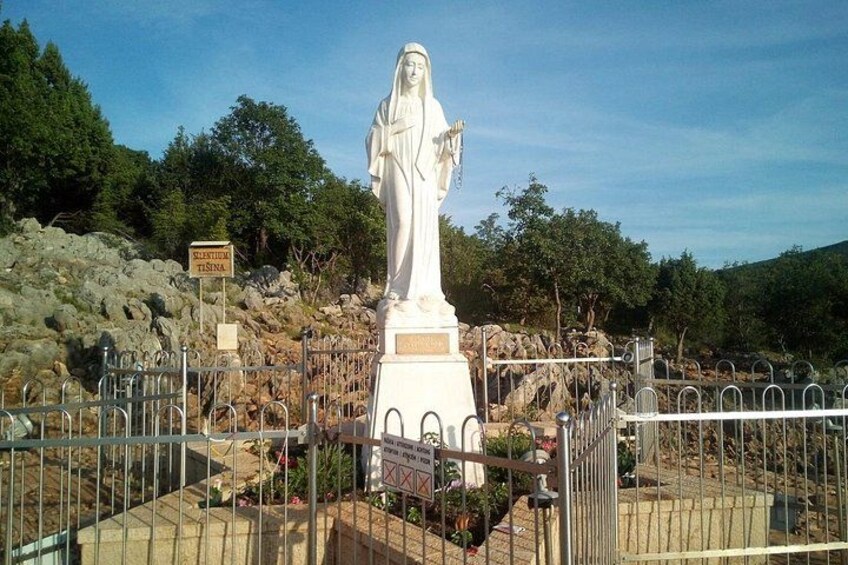 A white statue in a fenced area with a sign reading 'SELECCION TISNA'. 1