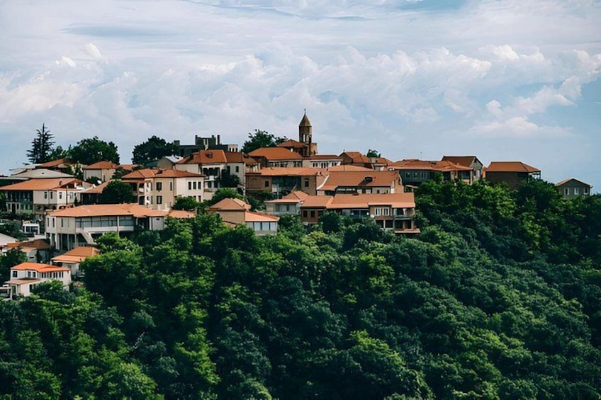 A hillside village with terraced houses and a prominent church tower. 2