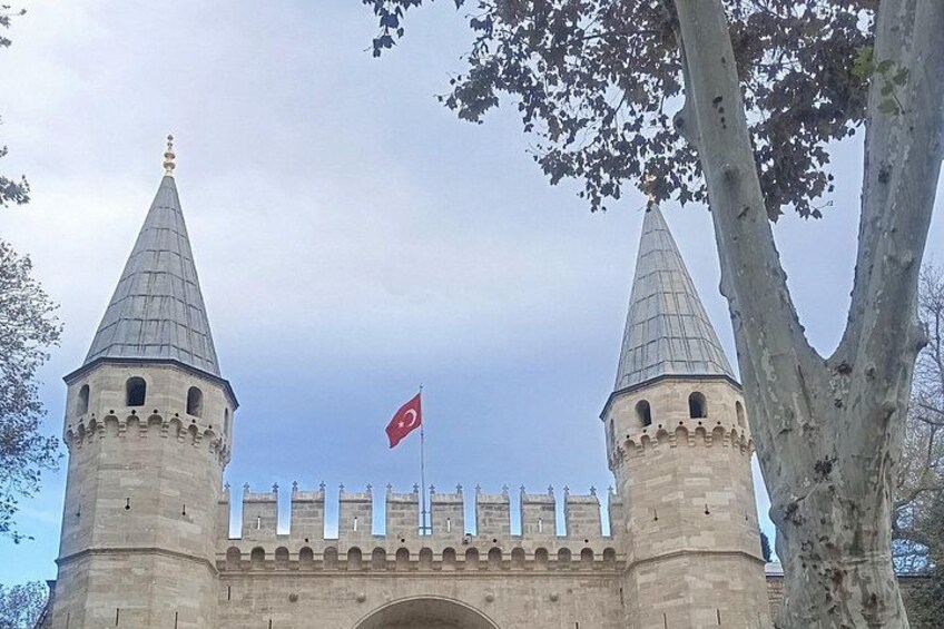 A historic stone gate with two towers, a flag, and a tree. 2