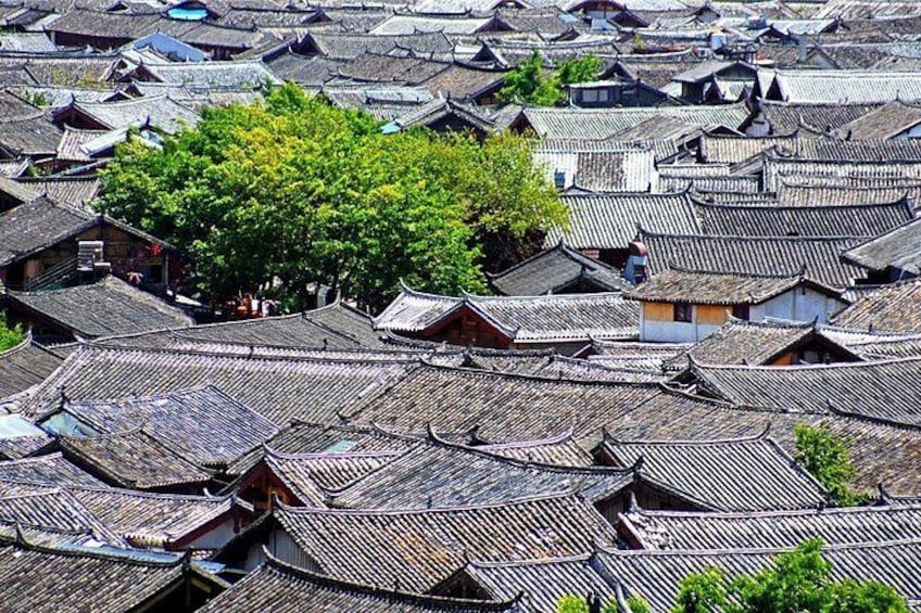 A dense cluster of traditional buildings with sloped roofs, surrounded by trees. 1