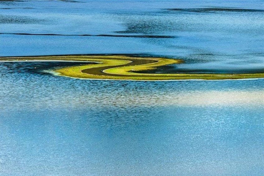 A reflective water surface with a yellow circular pattern. 3