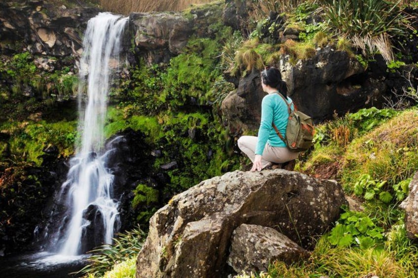 A waterfall, a person sitting on a rock, and lush greenery. 1