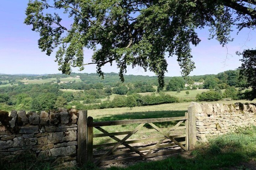 A stone wall with a wooden gate, a stone pathway, and a view of a green landscape with trees and fields. 4