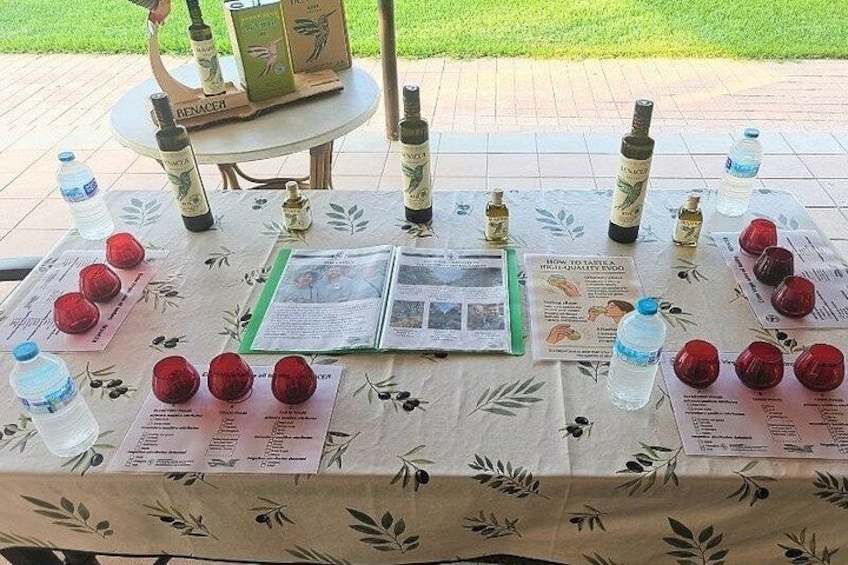 A table with bottles, red balls, and informational pamphlets. 3