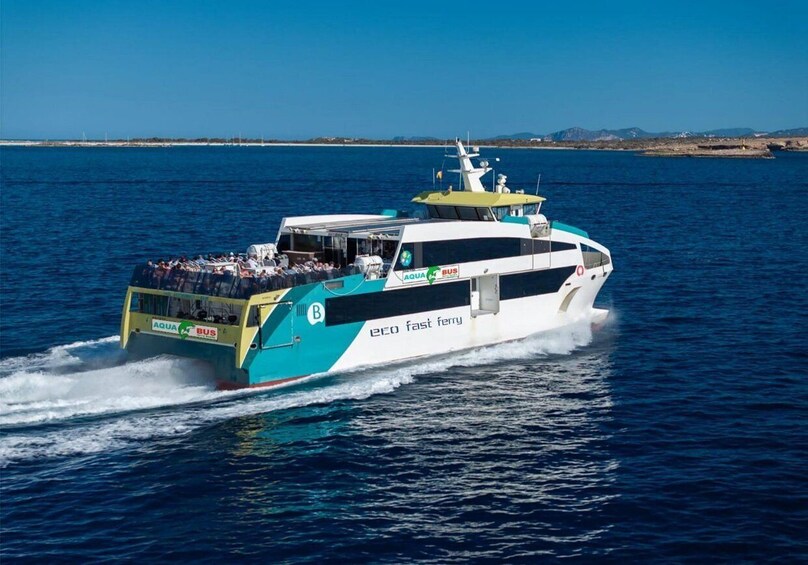 A ferry with 'AQUA BUS' branding and 'eco fast ferry' text, moving through a body of water. 3