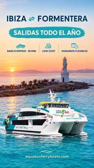 A ferry between Ibiza and Formentera with a lighthouse in the background. 2