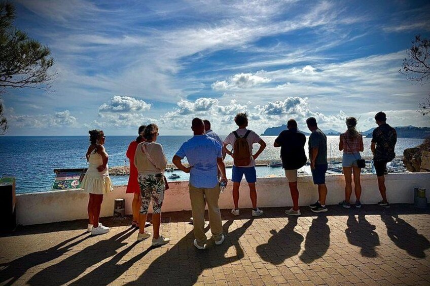 A group of people standing on a paved area overlooking the sea. 1