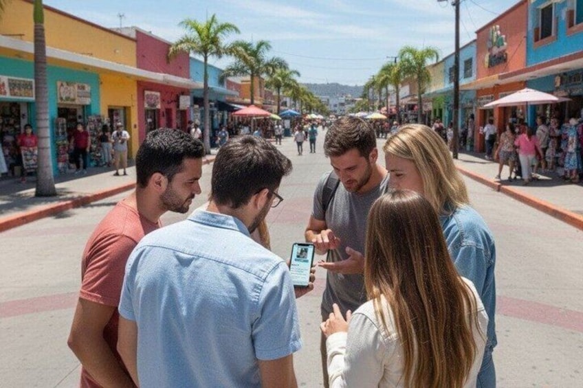 A group of people standing on a street with colorful buildings and palm trees in the background. 5