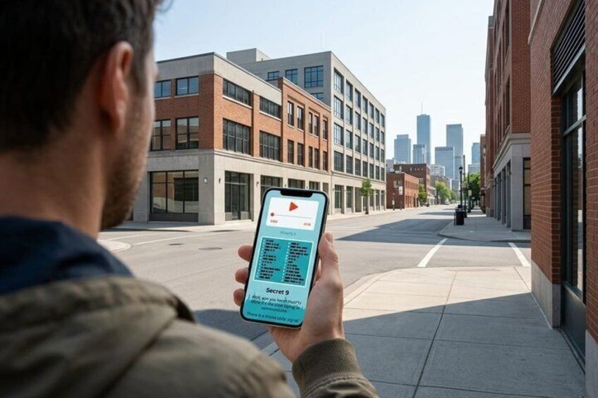 A person holding a smartphone with a map application, standing on a sidewalk in an urban area with buildings and a city skyline in the background. 3