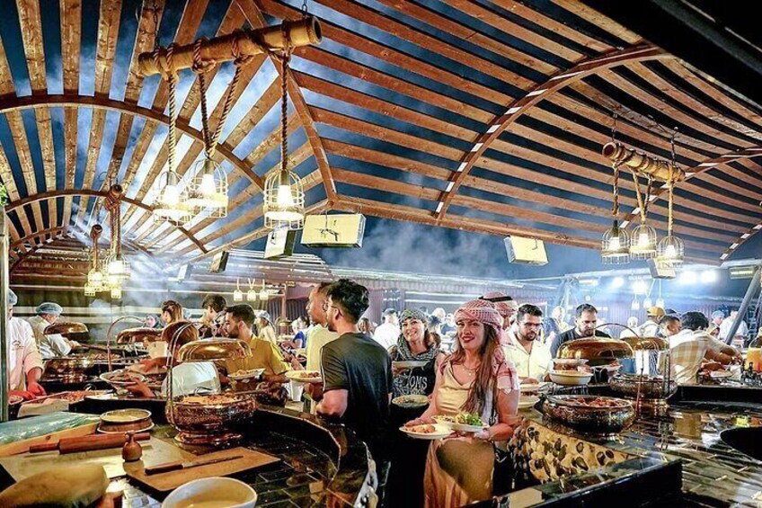 A bustling outdoor market with wooden beams and hanging lights. 2