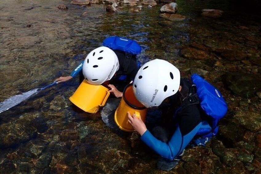 Two people wearing helmets and life jackets, wading in shallow water. 4