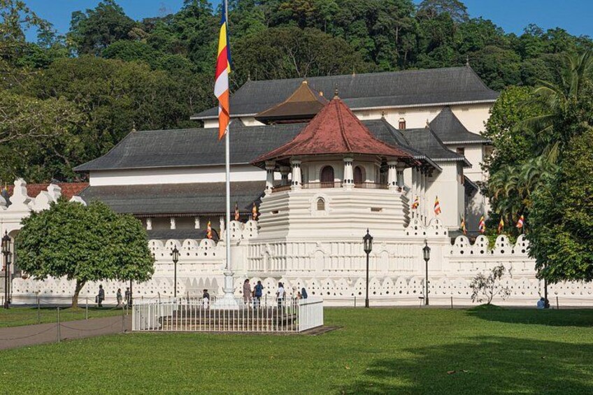 A white building with a red roof, surrounded by a white fence and greenery. 1