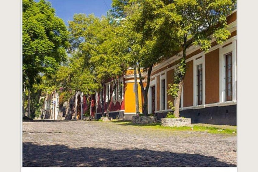 A cobblestone street lined with historic buildings, trees, and a clear blue sky. 2