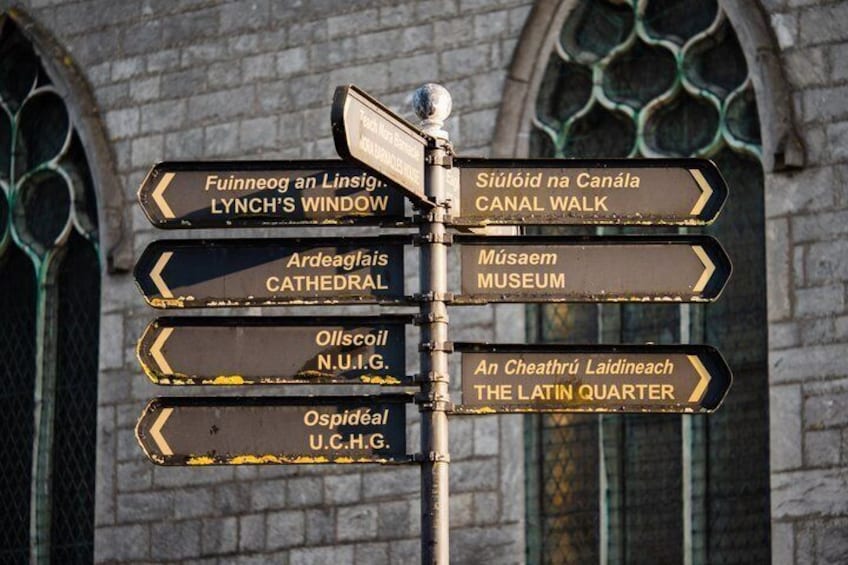 A directional signpost with multiple arrows pointing to various landmarks such as 'Lynch's Window,' 'Canal Walk,' 'Cathhedral,' and 'Museum.' 5