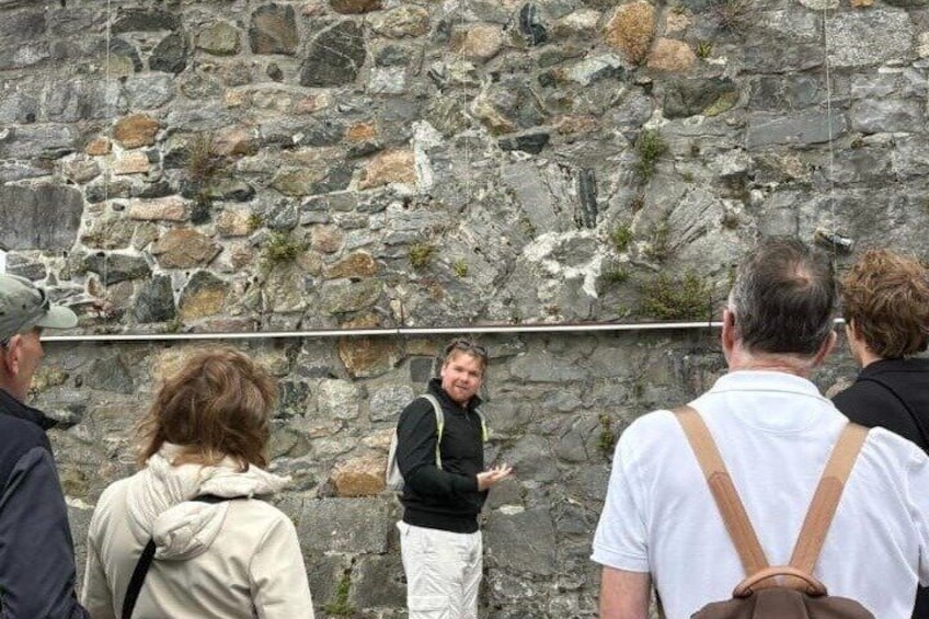 A group of people standing in front of a stone wall. 4