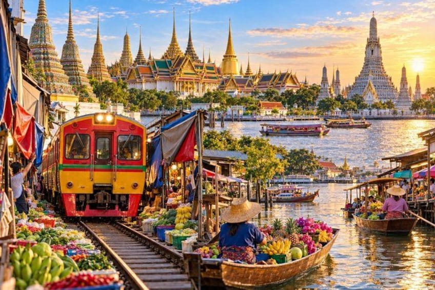 A train on tracks, a river with boats, and traditional Thai architecture in the background. 1