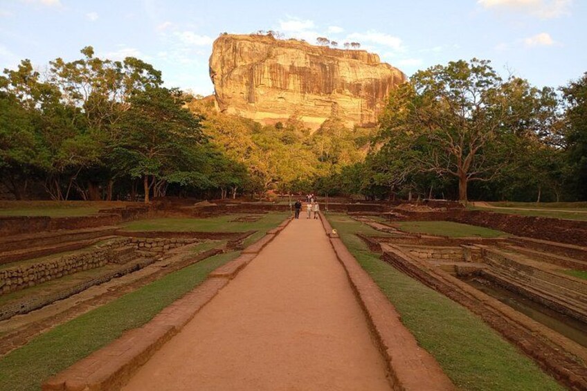 A pathway leading to a large rock formation with trees on either side. 1