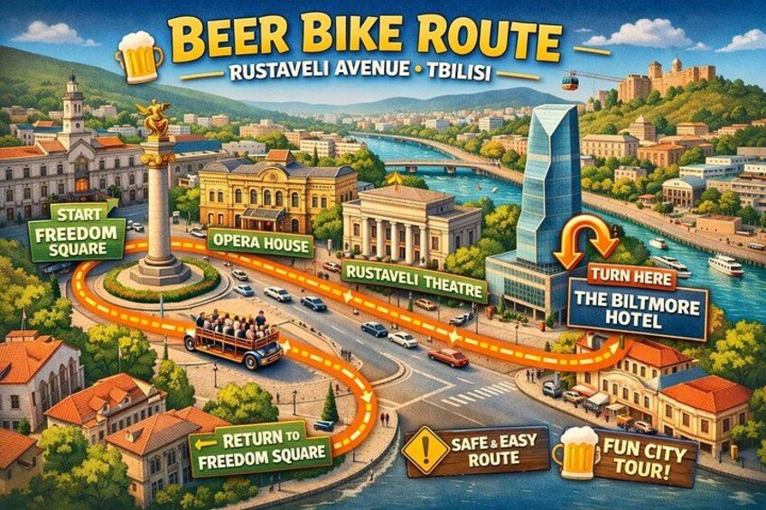 A beer bike route map with landmarks like Rustaveli Avenue, Opera House, Rustaveli Theatre, and The Baltmore Hotel. 4