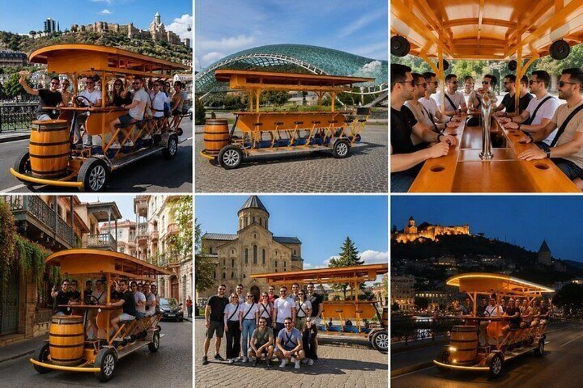 A vintage trolley with passengers, a covered seating area, a historic building, and a nighttime illuminated scene. 5