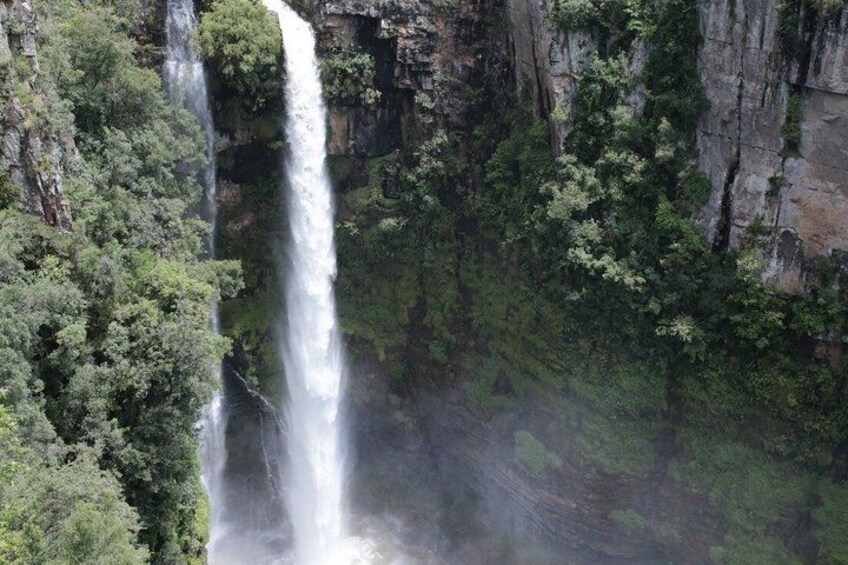 A waterfall cascading down a rocky cliff surrounded by dense green foliage. 5