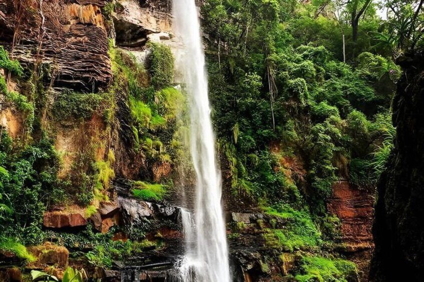 A waterfall cascading down a rocky cliff surrounded by lush greenery. 3