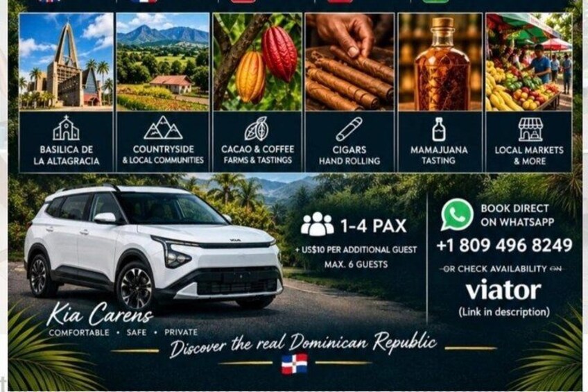 Un vehículo Kia Carens con un paisaje pintoresco, destacando atracciones como una basílica, la campiña, fincas de cacao y café, cigarros y mercados locales. 4