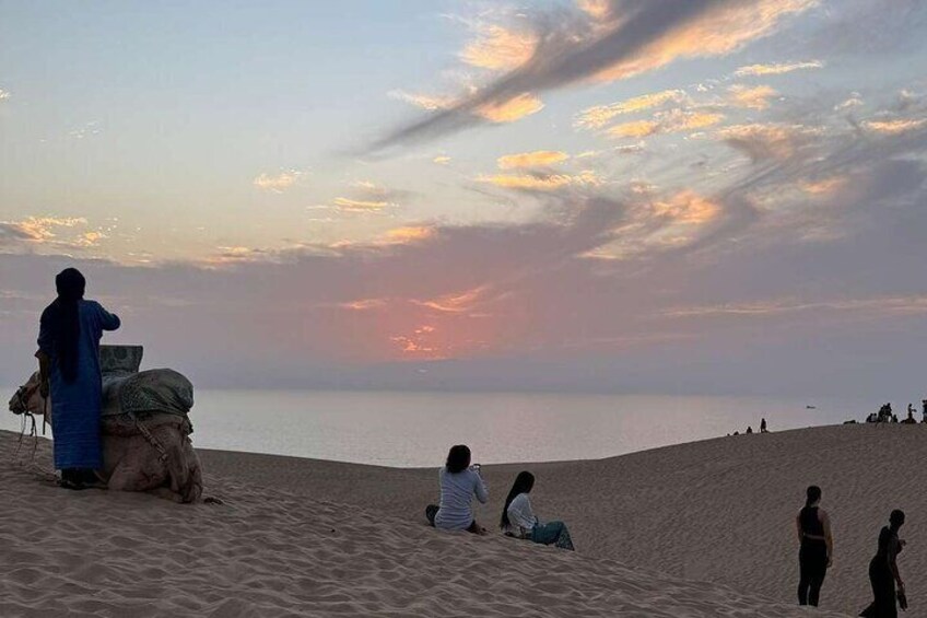 A desert landscape with people sitting and standing on the sand, a camel, and a sunset. 2