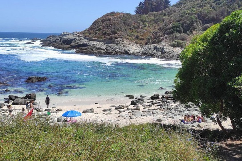 A coastal beach with clear water, rocky shore, and people sunbathing. 5