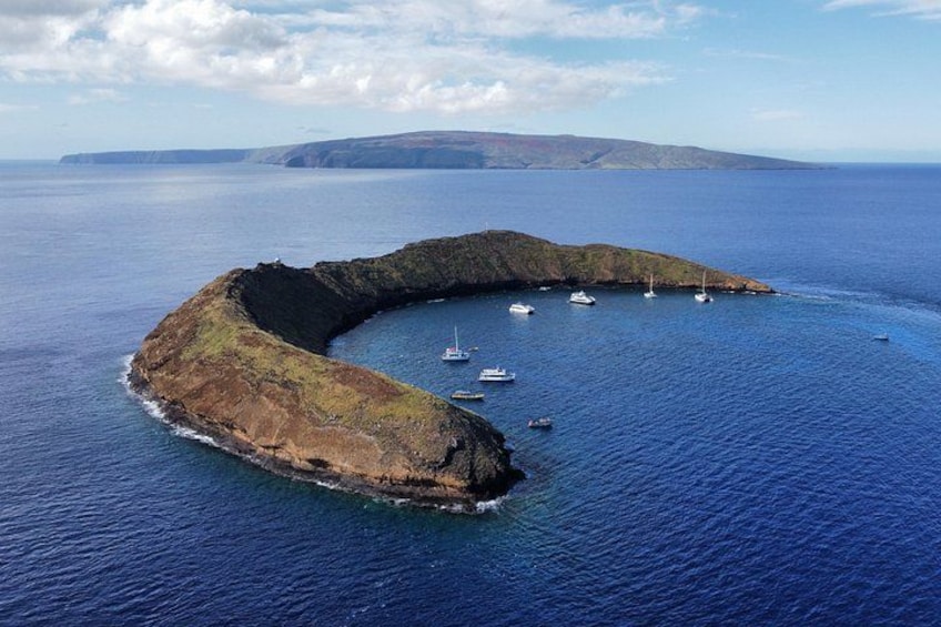 A circular island with boats in the water. 4