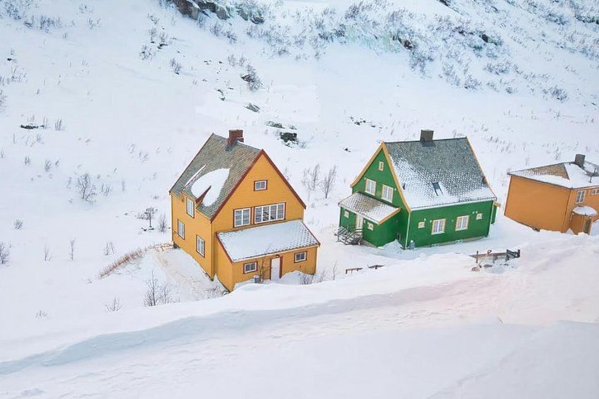 A snowy landscape with three houses, one yellow and two green, on a hillside. 3