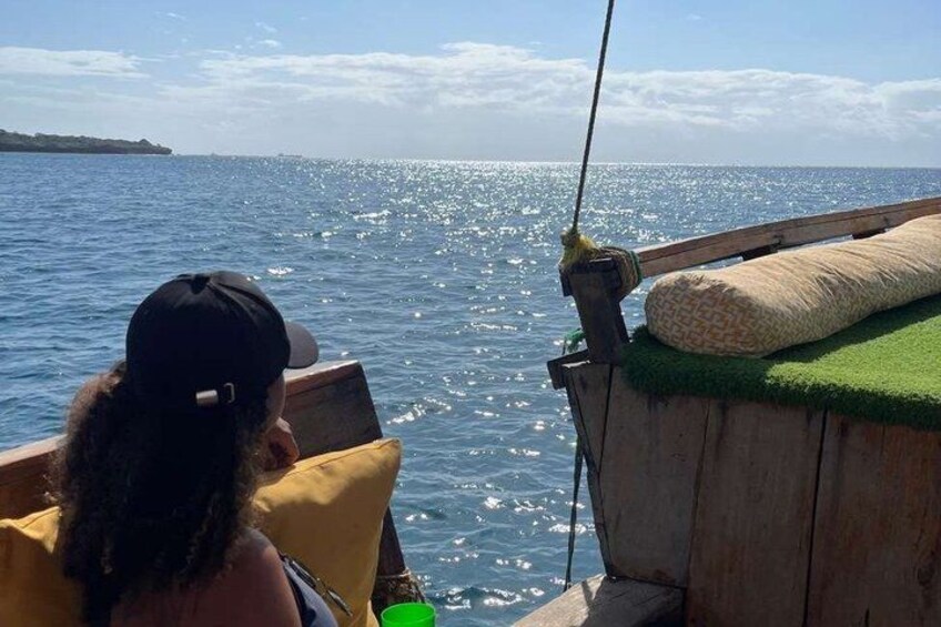A person on a boat with a fishing rod, water, and a distant landmass. 5