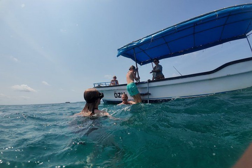A boat with a blue canopy, people swimming in the water, and a clear sky. 4