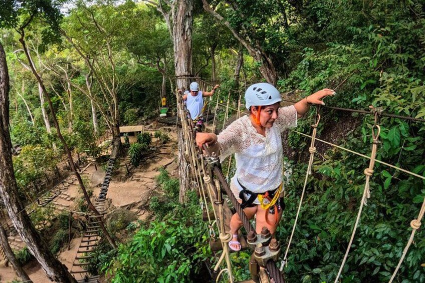 A person on a rope bridge in a forest. 4