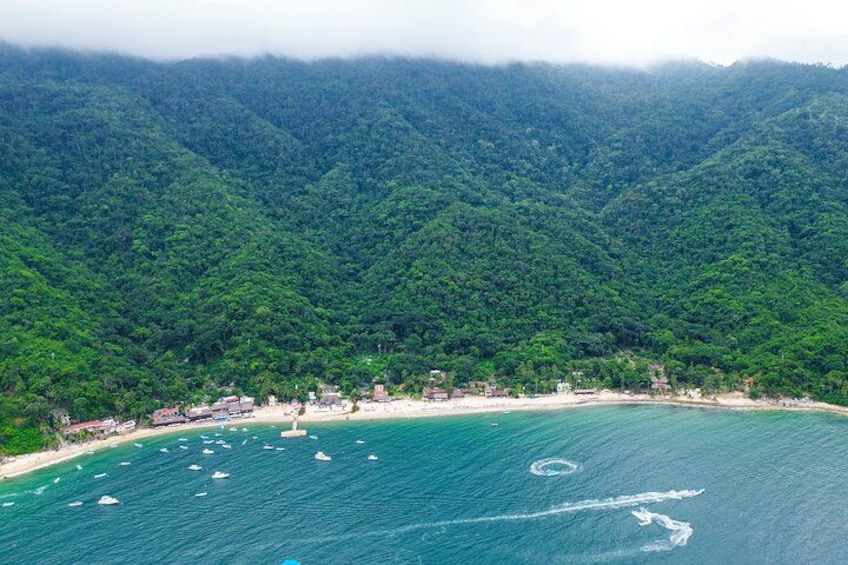 A coastal landscape with a beach, boats, and dense forested hills. 4