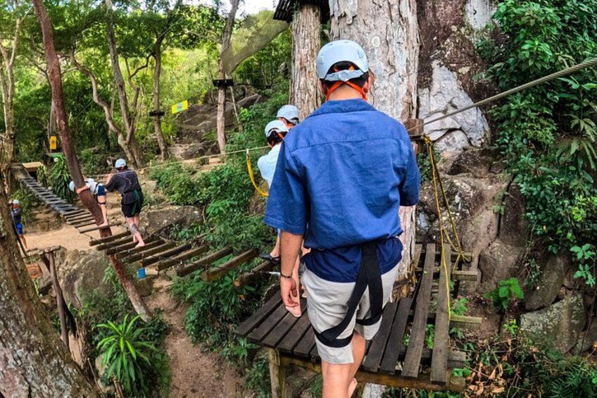 People walking on a wooden bridge in a forested area. 5