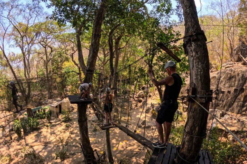 A person on a rope bridge in a forested area. 5