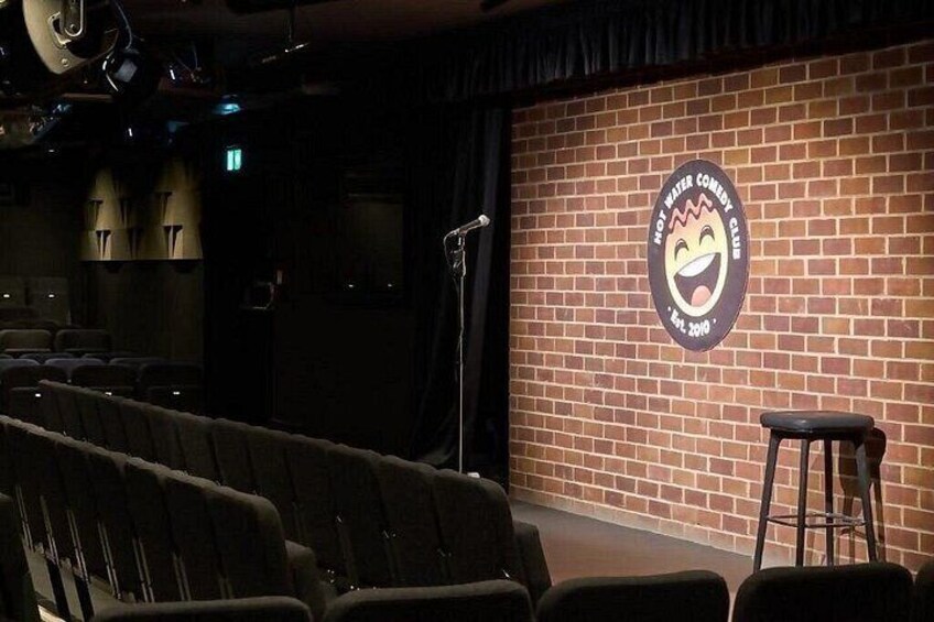 An auditorium with rows of seats, a stage, and a brick wall with a logo. 3