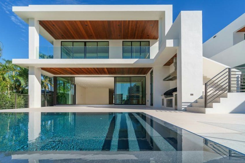 A modern two-story house with a swimming pool. 1