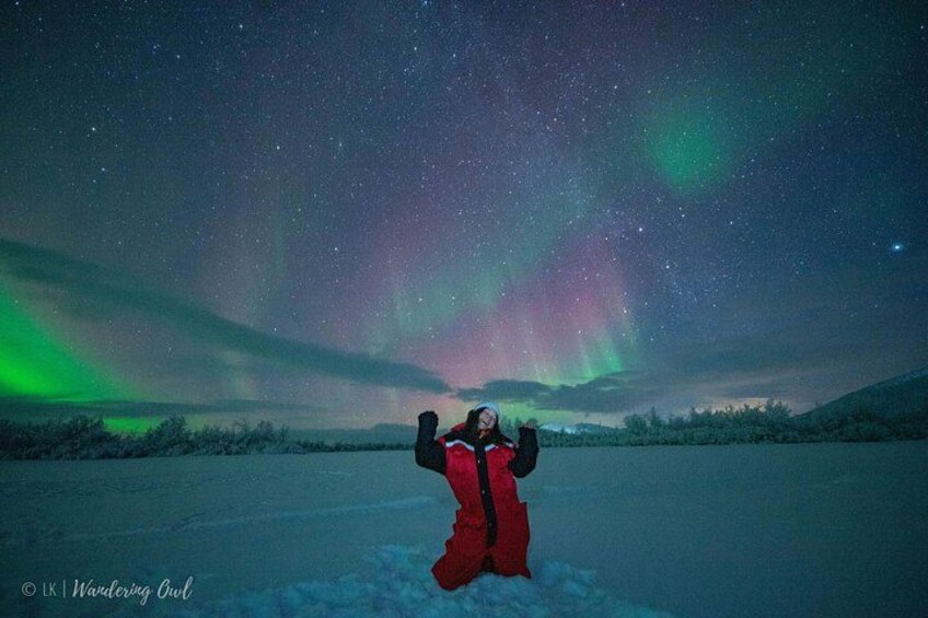 Une personne vêtue d’une veste rouge pose devant un paysage enneigé, avec des aurores boréales en arrière-plan. 5