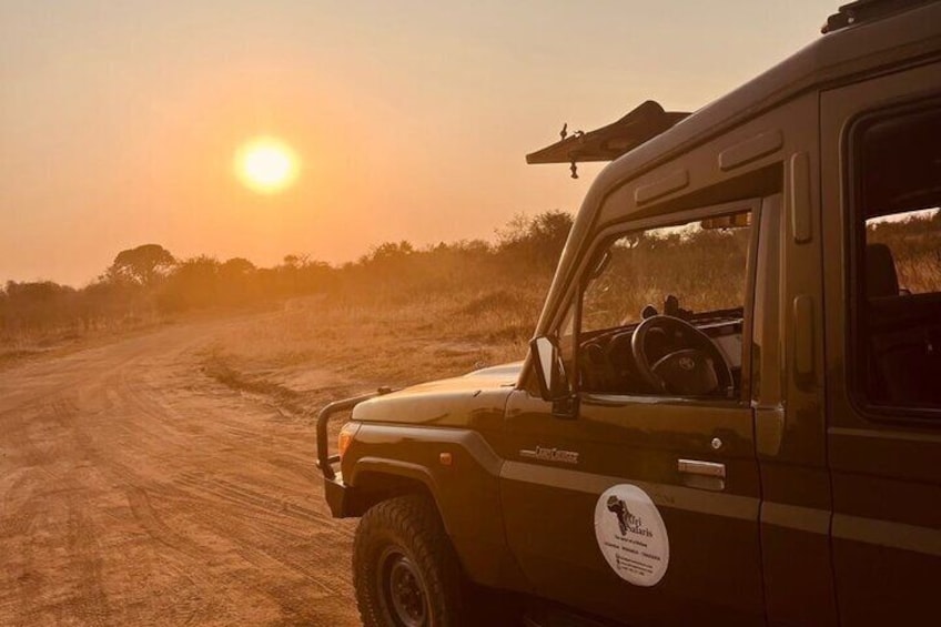 Un vehículo safari estacionado en un camino de tierra con un atardecer de fondo. 4