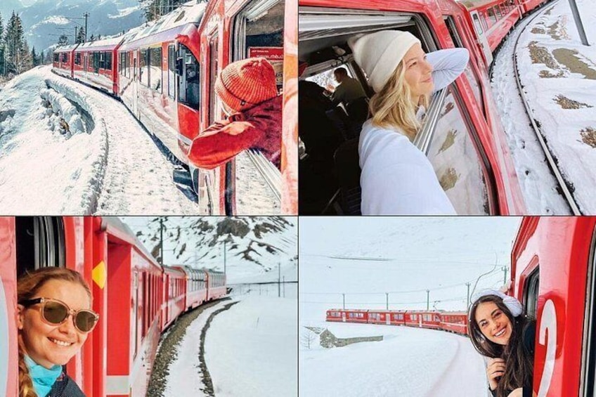 A red train on snowy tracks, a person in a white coat, and a snowy landscape with mountains. 2