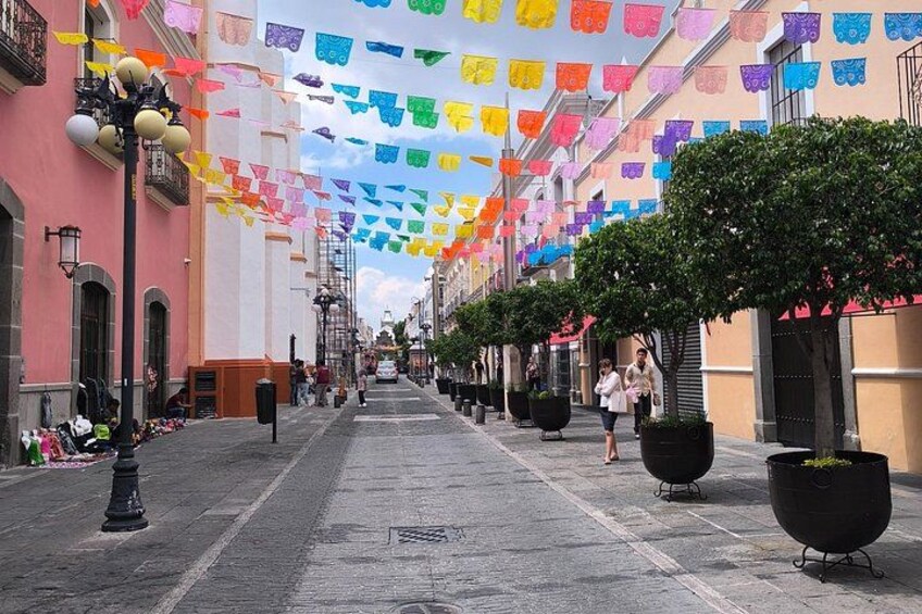 Una strada fiancheggiata da bandiere colorate, vasi di piante e palazzi con balconi. 5