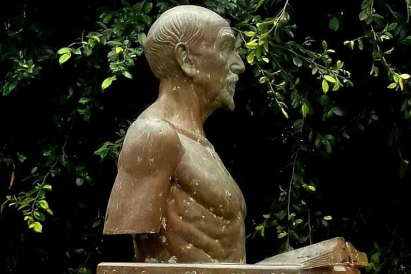 Una estatua clásica de un hombre de complexión musculosa, vestido con una túnica, con un fondo de follaje denso. 5