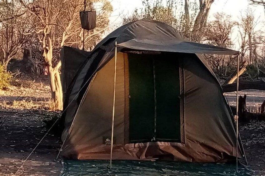 A tent set up in a natural environment with trees and a clear sky. 5